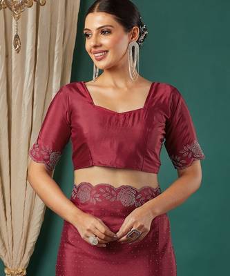Maroon satin woven zari work saree with blouse 5
