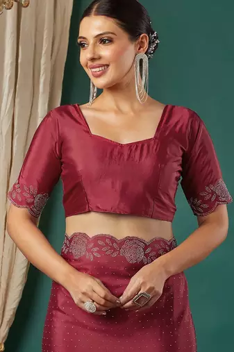 Maroon satin woven zari work saree with blouse