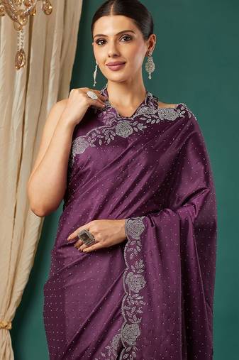 Magenta satin woven zari work saree with blouse