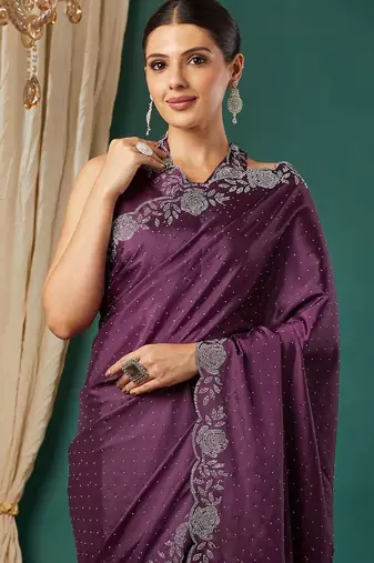 Magenta satin woven zari work saree with blouse