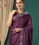 Magenta satin woven zari work saree with blouse