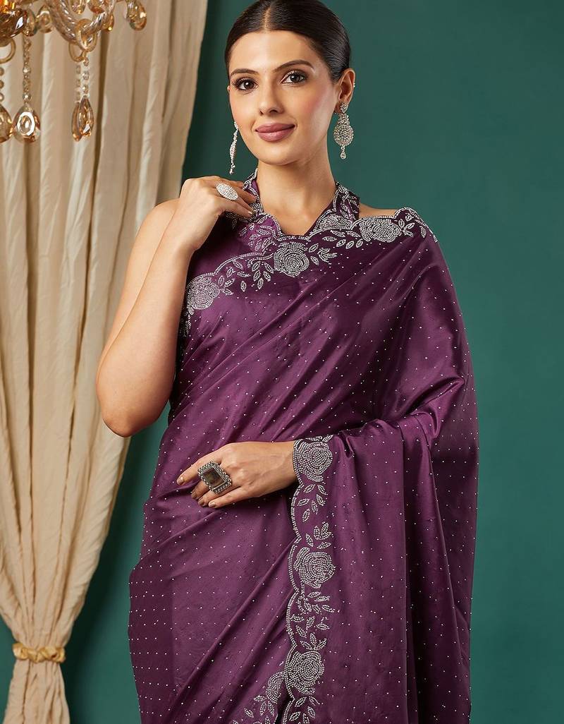 Magenta satin woven zari work saree with blouse