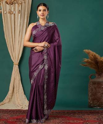 Magenta satin woven zari work saree with blouse 2