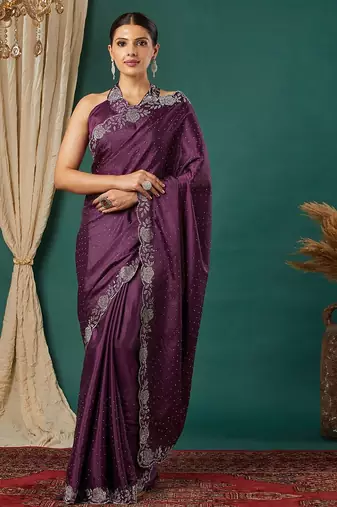Magenta satin woven zari work saree with blouse
