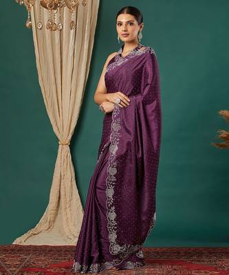Magenta satin woven zari work saree with blouse 3