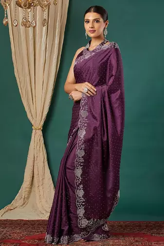 Magenta satin woven zari work saree with blouse