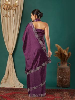 Magenta satin woven zari work saree with blouse 4