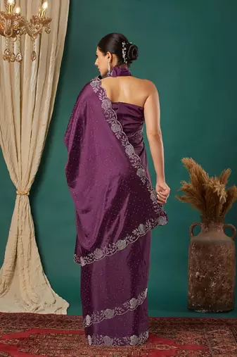 Magenta satin woven zari work saree with blouse
