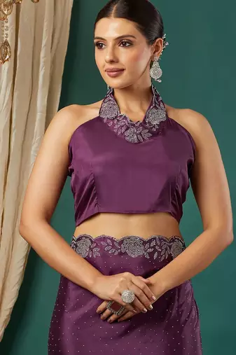 Magenta satin woven zari work saree with blouse