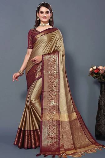 Beige jacquard woven zari work saree with blouse