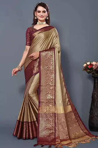 Beige jacquard woven zari work saree with blouse