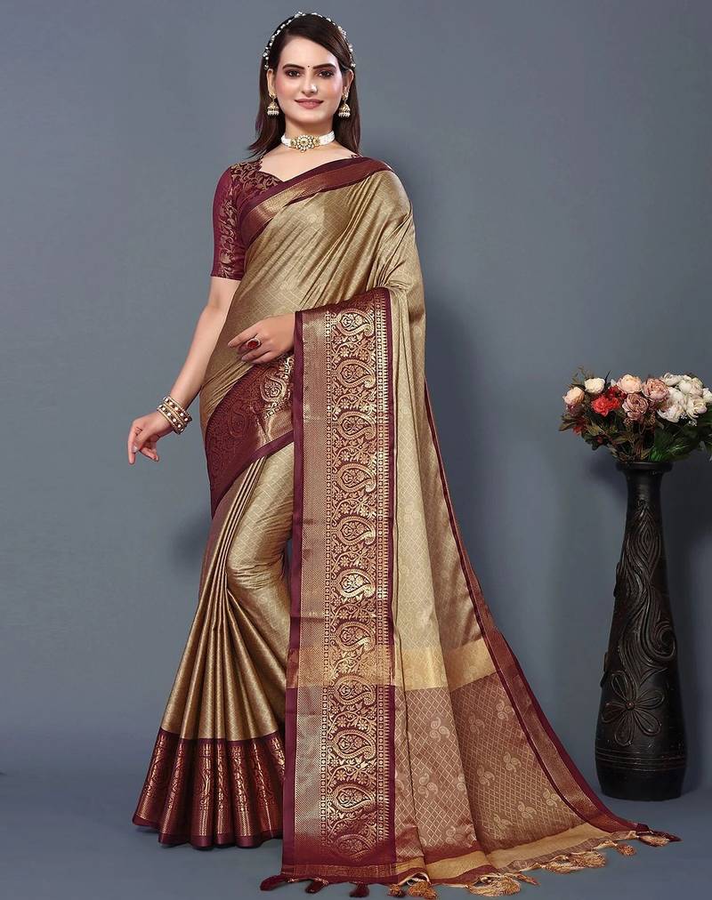 Beige jacquard woven zari work saree with blouse
