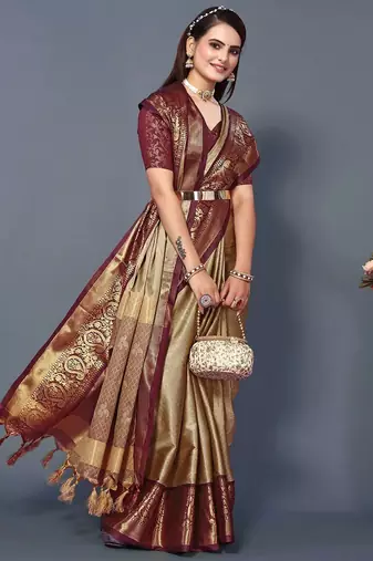 Beige jacquard woven zari work saree with blouse