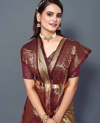 Beige jacquard woven zari work saree with blouse 3