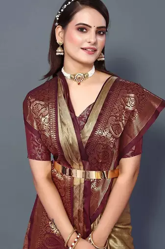 Beige jacquard woven zari work saree with blouse