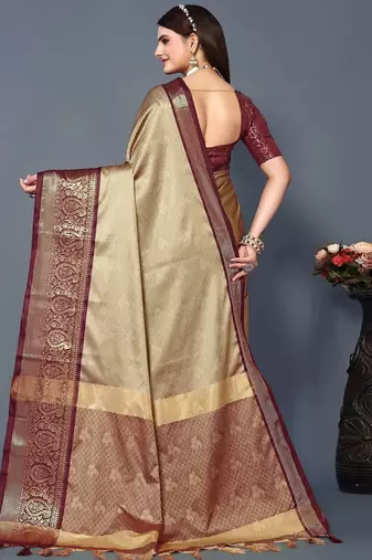 Beige jacquard woven zari work saree with blouse