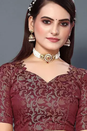 Beige jacquard woven zari work saree with blouse