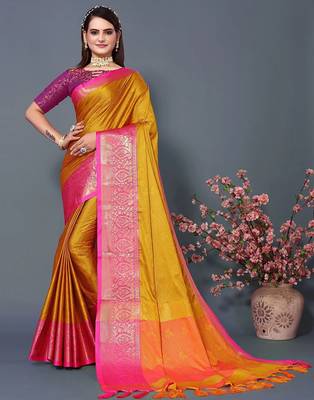 Gold jacquard woven zari work saree with blouse 1