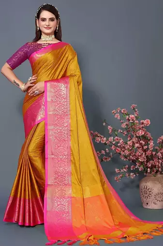 Gold jacquard woven zari work saree with blouse