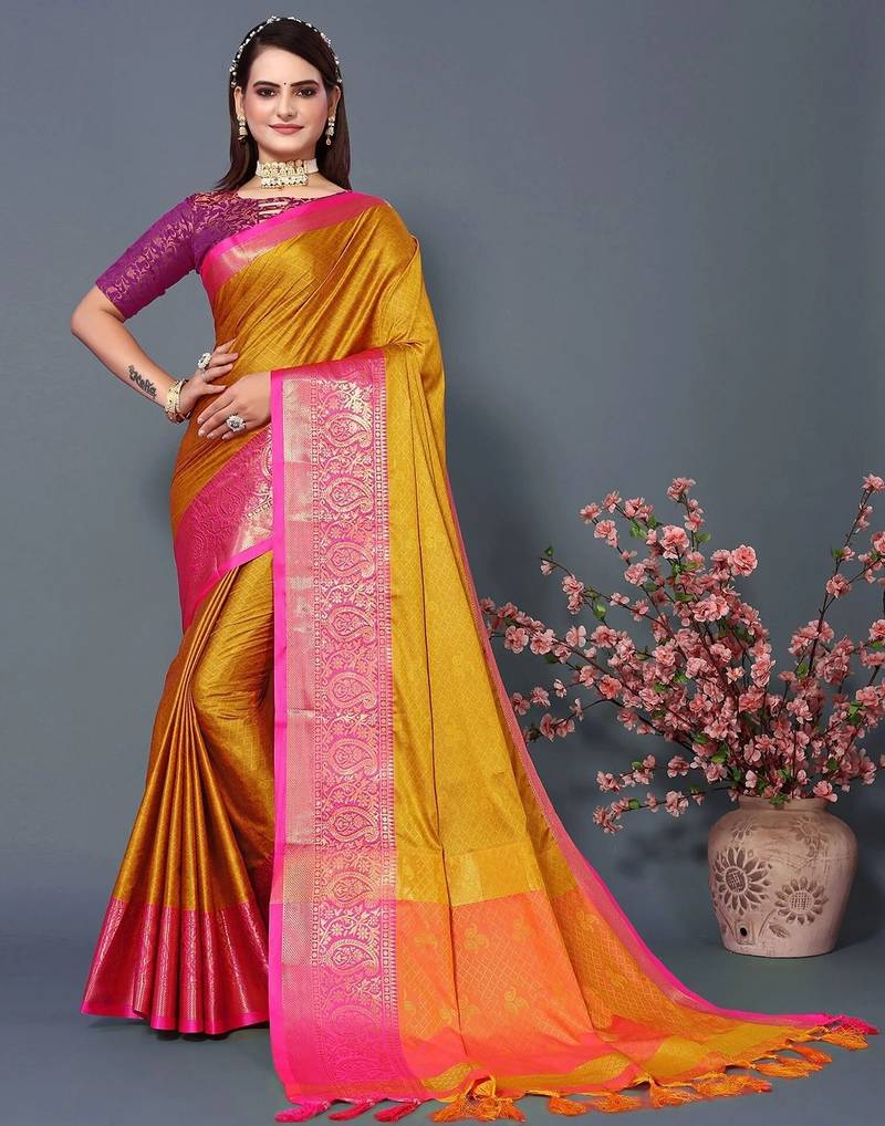 Gold jacquard woven zari work saree with blouse