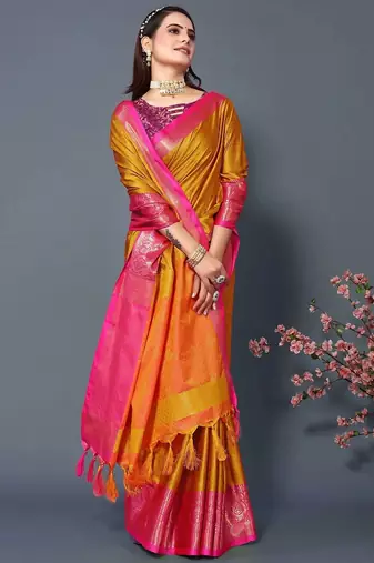 Gold jacquard woven zari work saree with blouse