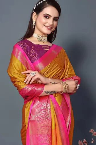 Gold jacquard woven zari work saree with blouse