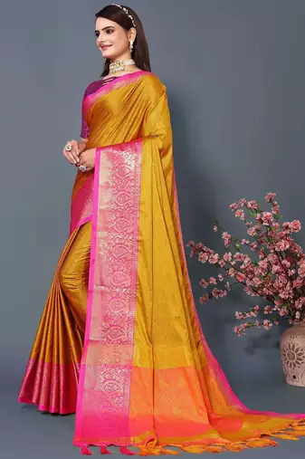 Gold jacquard woven zari work saree with blouse