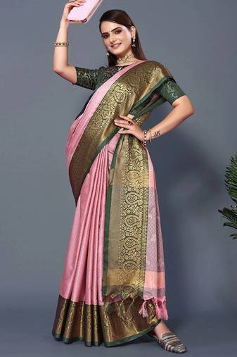 Pink jacquard woven zari work saree with blouse