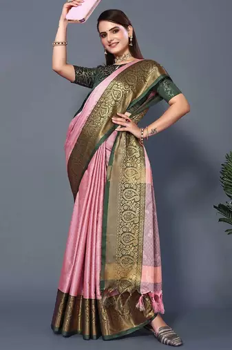Pink jacquard woven zari work saree with blouse