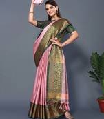 Pink jacquard woven zari work saree with blouse