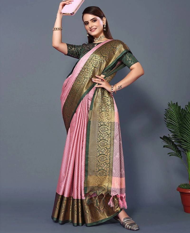 Pink jacquard woven zari work saree with blouse