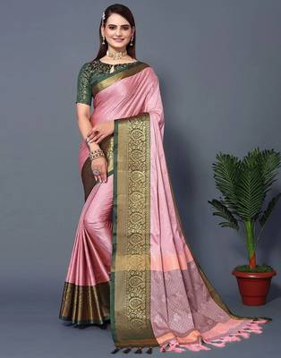 Pink jacquard woven zari work saree with blouse 2