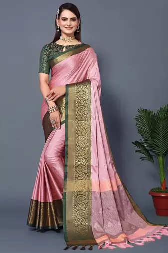 Pink jacquard woven zari work saree with blouse