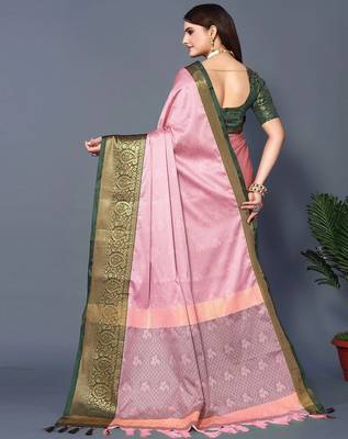 Pink jacquard woven zari work saree with blouse 3