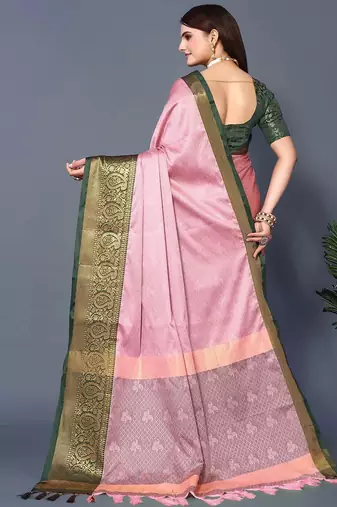 Pink jacquard woven zari work saree with blouse