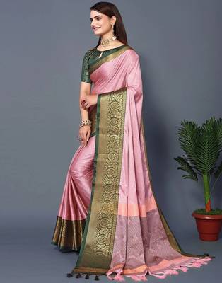 Pink jacquard woven zari work saree with blouse 4