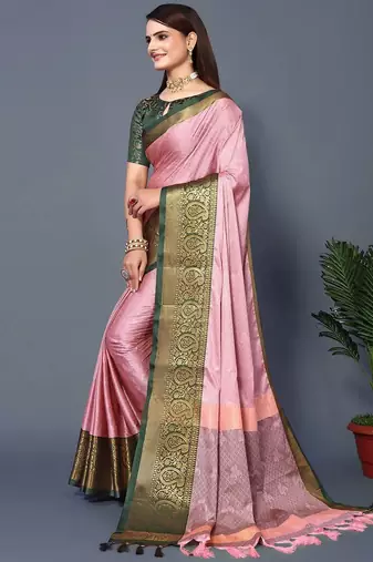 Pink jacquard woven zari work saree with blouse
