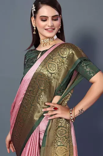 Pink jacquard woven zari work saree with blouse