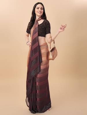 Brown satin embroidered zari work saree with blouse 1