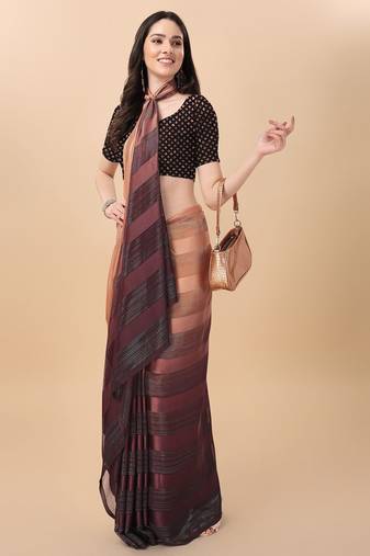 Brown satin embroidered zari work saree with blouse