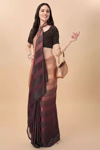 Brown satin embroidered zari work saree with blouse