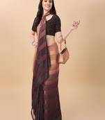 Brown satin embroidered zari work saree with blouse