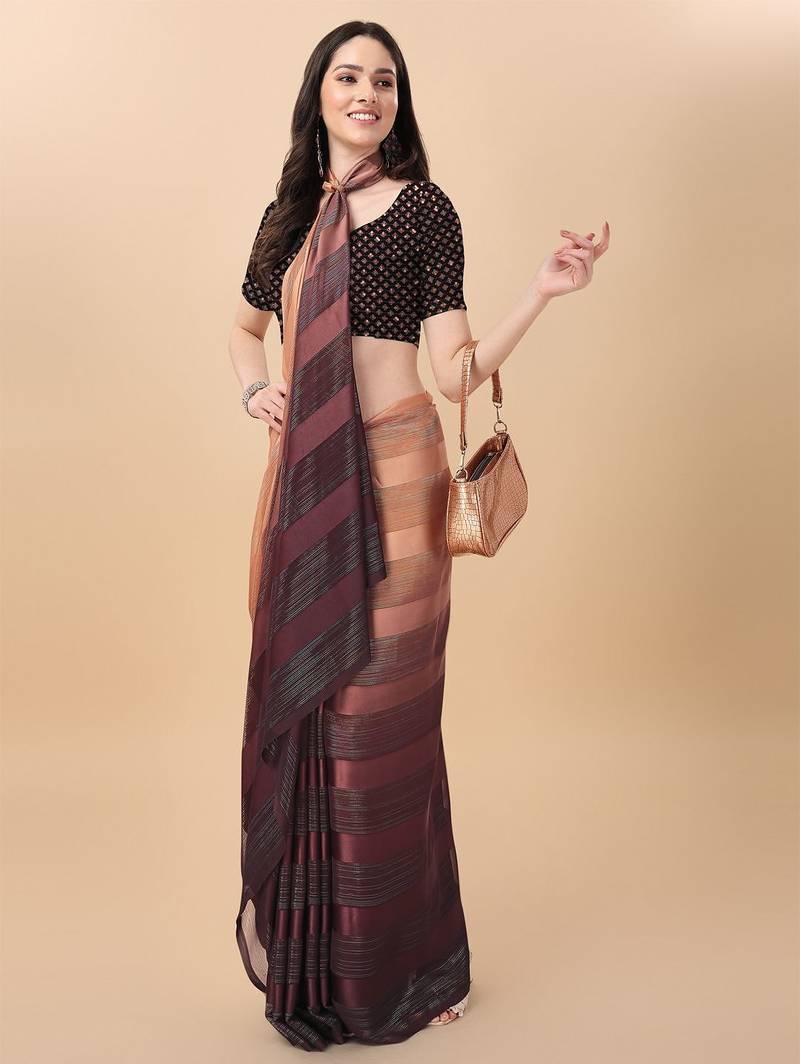 Brown satin embroidered zari work saree with blouse