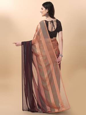 Brown satin embroidered zari work saree with blouse 2