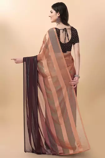 Brown satin embroidered zari work saree with blouse