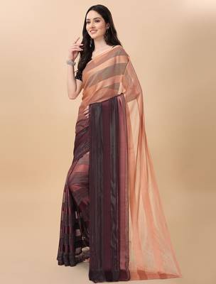 Brown satin embroidered zari work saree with blouse 3
