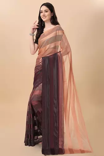 Brown satin embroidered zari work saree with blouse
