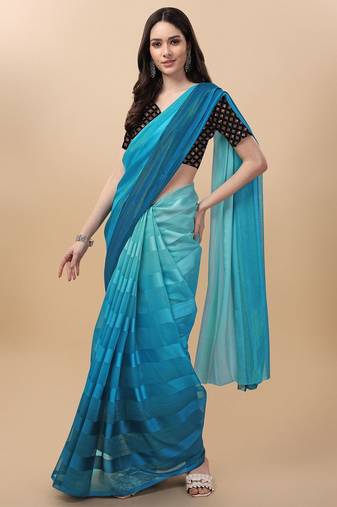 Light blue satin embroidered zari work saree with blouse