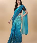 Light blue satin embroidered zari work saree with blouse