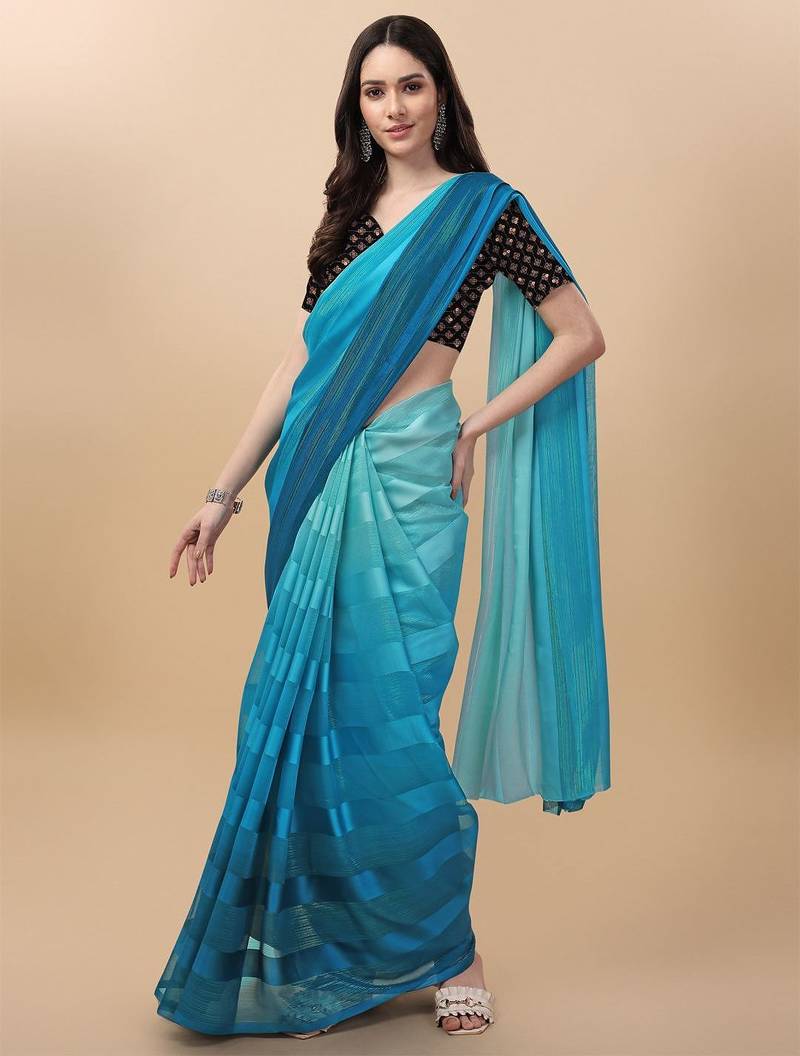Light blue satin embroidered zari work saree with blouse